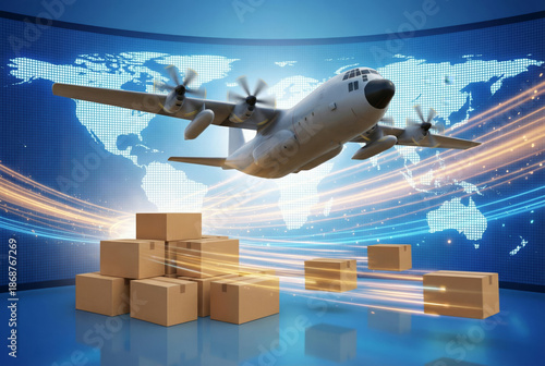 A cargo airplane is flying above a world map with boxes being delivered. This represents global shipping and the fast movement of goods in logistics networks