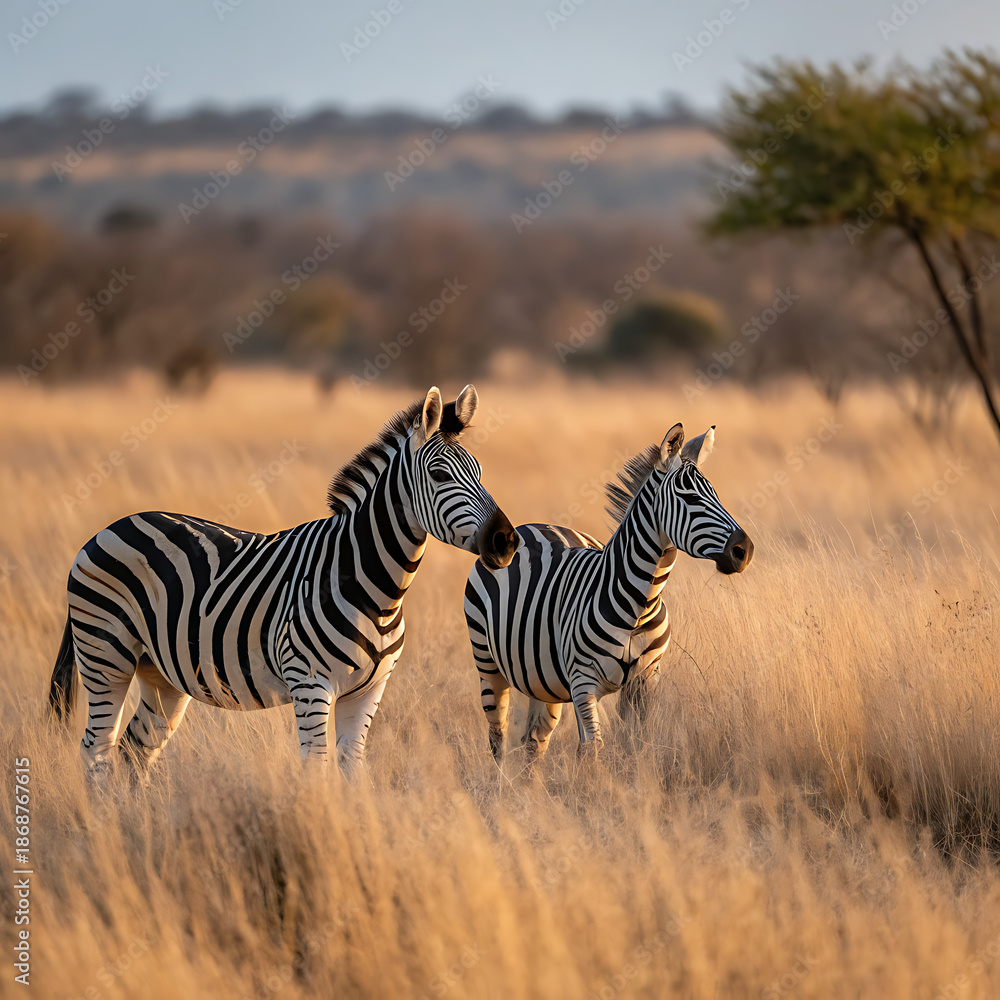 Fototapeta premium Zebras in golden savannah