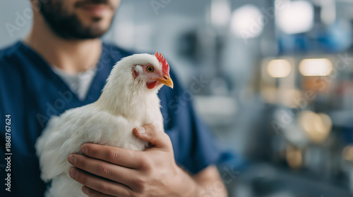 Veterinarian in blue uniform holding a white chicken for a health checkup