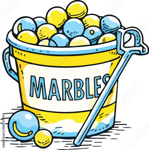 Bucket of Blue and Yellow Marbles Toy Illustration
