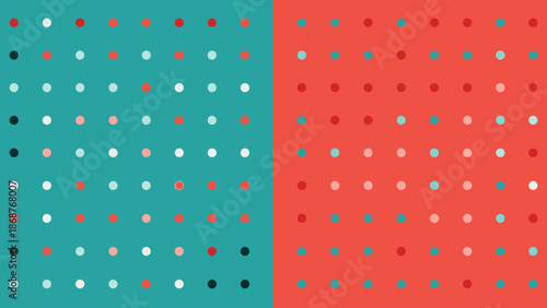 Geometric abstract pattern featuring contrasting halves of teal and coral backgrounds overlaid with colorful dotted grids creating visual balance and opposition