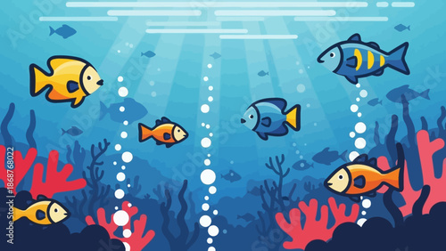 Colorful cartoon fish swim playfully in the bright blue ocean water among vibrant coral reef formations and rising bubbles