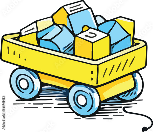 Yellow Wagon Full of Blue Blocks Toy Illustration