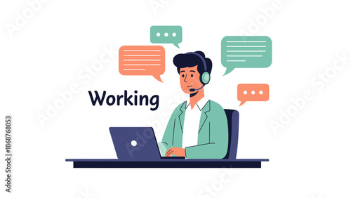 Male customer support agent wearing a headset and typing on a laptop communicates via chat bubbles representing online work
