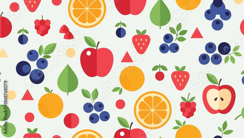 Seamless pattern background featuring a vibrant and colorful assortment of flat design fruits like apples oranges blueberries and strawberries