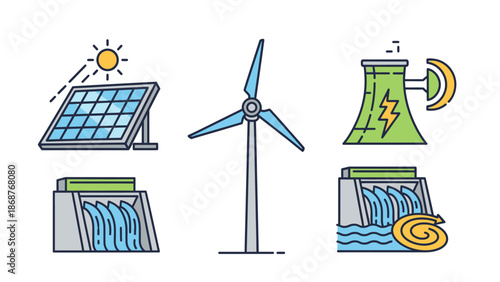 Collection of clean and traditional power generation icons including solar wind hydro and nuclear energy sources for illustration