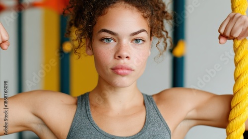 A strong and confident young woman proudly showcasing her toned arms in a gym setting, representing empowerment and dedication to fitness and well-being.