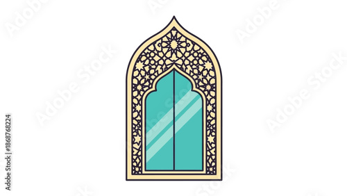 Stylized illustration of an ornate arched window featuring intricate geometric patterns characteristic of traditional islamic architecture