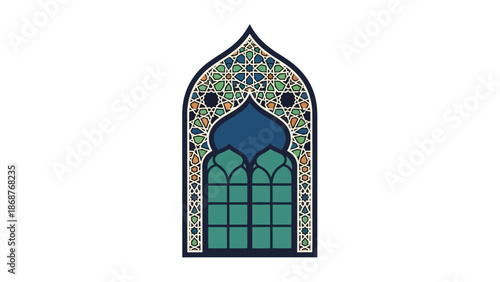 Isolated vector illustration of an ornate gothic arched window featuring intricate geometric Islamic patterns and stained glass color accents