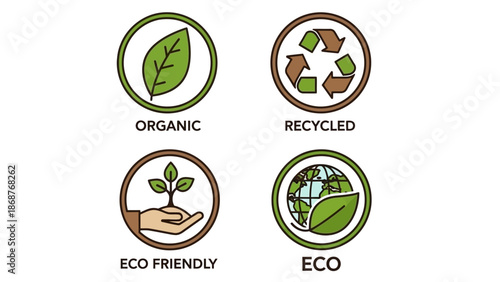 Collection of four distinct circular icons representing organic recycled eco friendly and general ecological commitment symbols