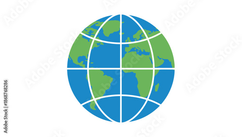 Stylized graphic icon depicting the planet earth with continents clearly visible using blue oceans and green landmasses