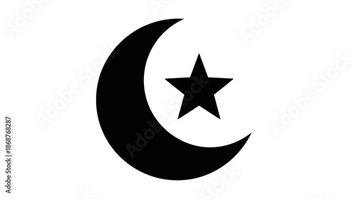 Black crescent moon and five pointed star silhouette symbol representing islamic faith and national identity in isolation.