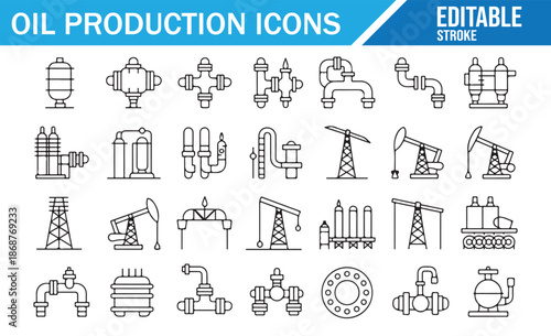 Set of Oil Well, Derrick, and Machinery Symbols.