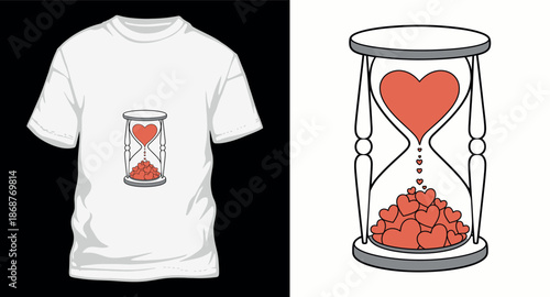 Valentine day t-shirt design with hourglass full of red hearts symbol of eternal love and precious time