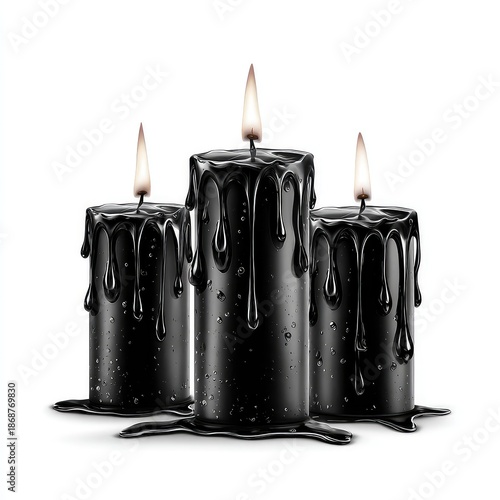 Three dripping black candles gothic or Halloween decor isolated on white background for spooky design