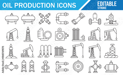 Oil and Gas Pipeline, Tank, and Refinery Icons.
