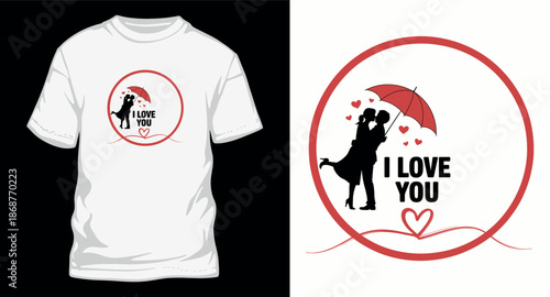 Couple kissing under umbrella with hearts I love you text design