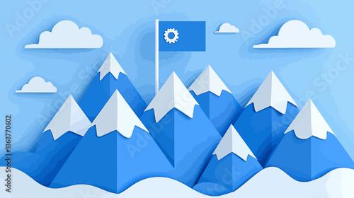Stylized Blue Mountain Landscape with Flag on Peak Under Cloudy Sky Representing Success and Achievement