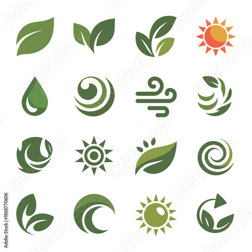 Eco-Friendly Emblems: An array of eco-conscious logos, capturing the essence of nature's elements, including leaves, sun, water drop, and wind, symbolizing sustainability and environmental harmony.
