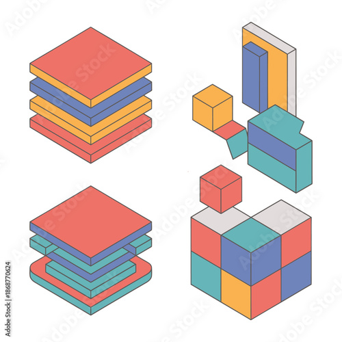 Isometric Abstract Elements: A collection of vibrant, geometric shapes arranged in an isometric perspective. Demonstrating design and creativity. 