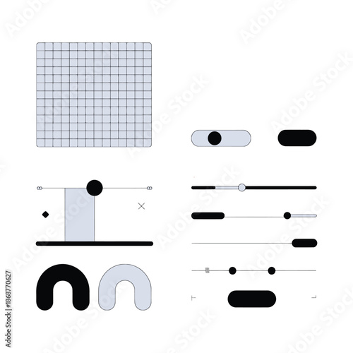 Design Elements Abstraction: A minimalist array of graphic elements, including grid patterns, toggle switches, and sliders, elegantly conveys design and user interface concepts. 