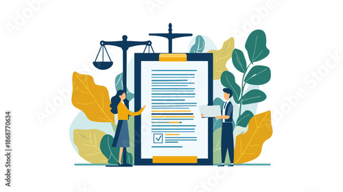 People interacting with legal documents and scales of justice, representing law and justice concept in a professional setting