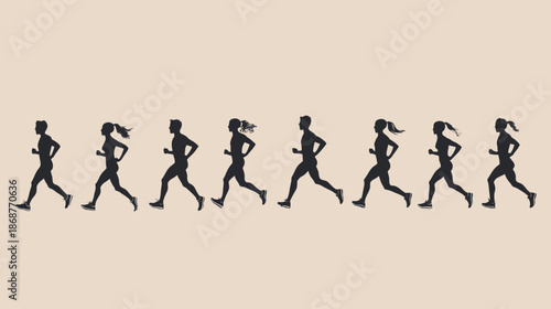 Row of running female silhouettes in motion on a light brown background, healthy lifestyle concept