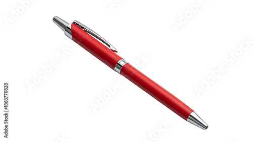 Red Ballpoint Pen with Silver Accents on Transparent Background