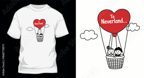 Couple flying to neverland in hot air balloon illustration for t shirt design