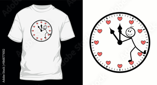 Stick figure person hugging clock face with hearts instead of numbers design