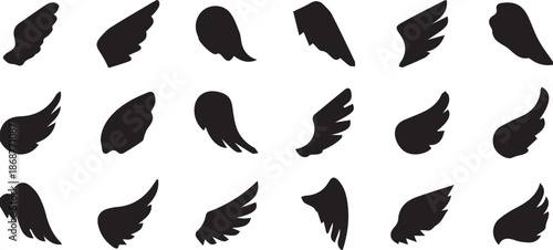 black silhouette wing icons collection angel bird feather decorative design elements set isolated on white background.