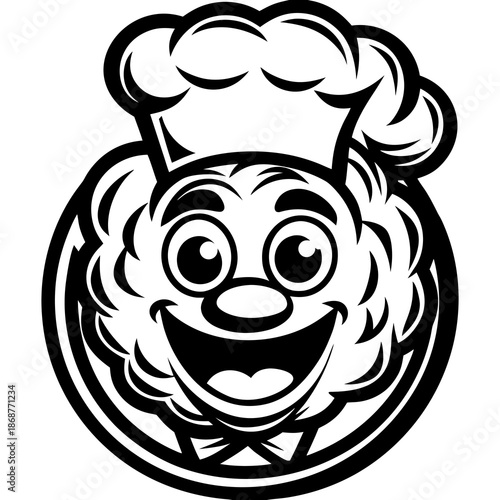 A cheerful cartoon chef face with a large hat and friendly expression