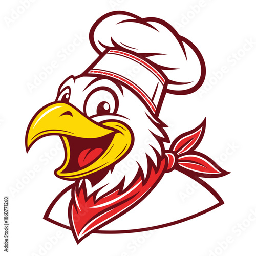 Cartoon eagle head wearing a chef s hat and red bandana