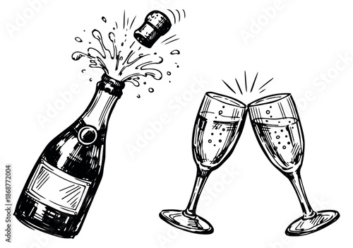 Hand drawn line art celebration set featuring a champagne bottle popping its cork and two clinking glasses for parties and events