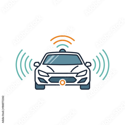 Autonomous self-driving car with sensors and wireless signal waves, futuristic technology concept.