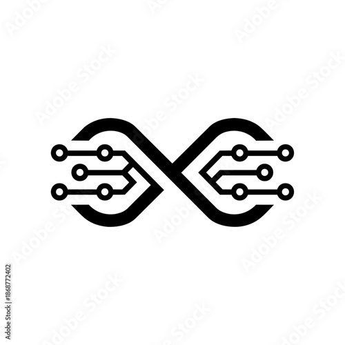 Infinity symbol merged with circuit lines representing continuous innovation, limitless technology, data flow, and long-term digital connectivity.
