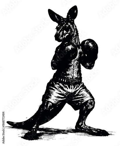 Hand drawn line art illustration of a kangaroo depicting a boxer in a fighting stance for sports or animal mascot designs