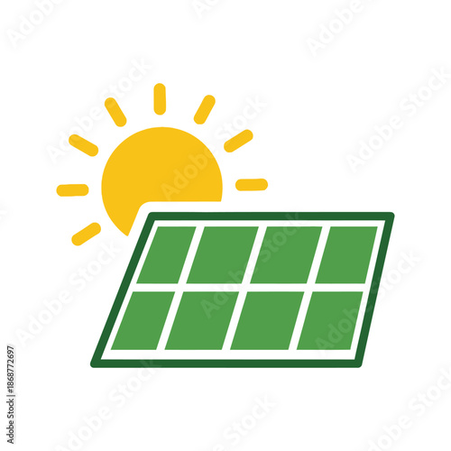 Solar panel and sun icon representing renewable energy and sustainability.