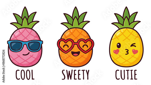Cute Pineapple Character Icons, Cartoon Fruit, Summer and Kawaii Symbols, pineapple icons, cute pineapple icons, pineapple illustration, cartoon fruit icons, kawaii pineapple icon,