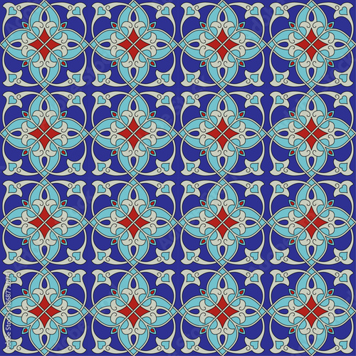 Seamless Iznik pattern, tiles with intertwining lines. Central Asian, Suzani, Iznik style. 