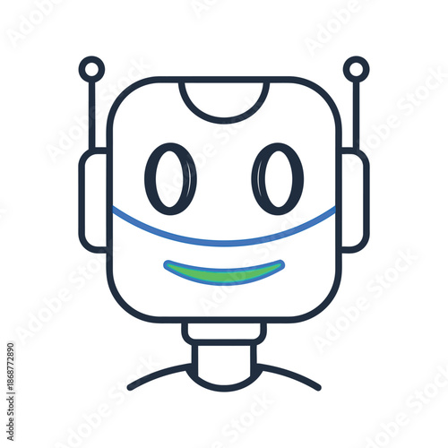 Friendly robot face icon with antennae and a smiling mouth, representing AI and automation.