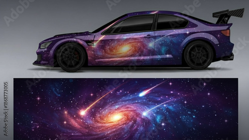 Purple sports car with a vibrant galaxy and nebula wrap design, showcasing cosmic patterns and celestial bodies.