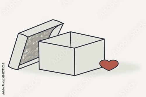 Minimalist illustration of an open gift box without decoration. Symbol of love without expectations, simplicity and sincerity. Anti-glamour Valentine’s Day concept.