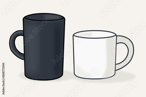 Minimalist illustration of two different cups standing together. Symbol of relationships between different people, acceptance and everyday life. Anti-glamour love concept without idealization.