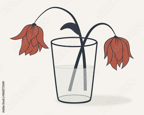 Minimalist illustration of wilted flowers in a glass. Symbol of love after celebration, quiet emotions and relationships beyond romantic perfection. Anti-glamour Valentine’s Day illustration.