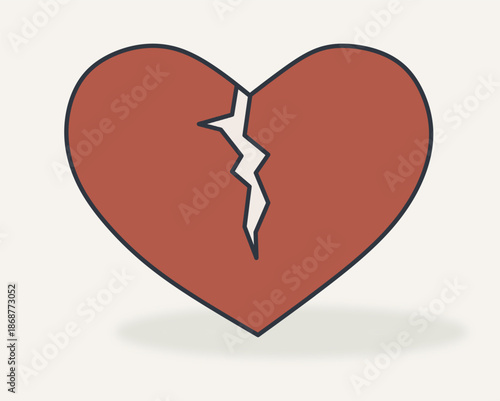 Minimalist illustration of a heart with a visible crack. Symbol of love that has survived difficulties, emotional experience and realism instead of perfection. Anti-glamour Valentine concept.