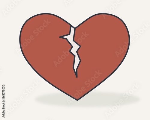 Minimalist illustration of a heart with a visible crack. Symbol of love that has survived difficulties, emotional experience and realism instead of perfection. Anti-glamour Valentine concept.