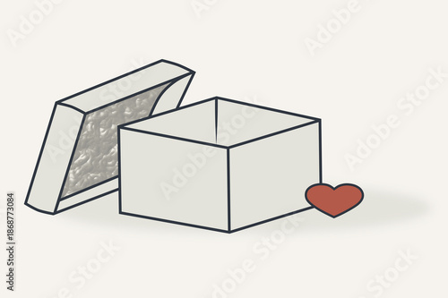 Minimalist illustration of an open gift box without decoration. Symbol of love without expectations, simplicity and sincerity. Anti-glamour Valentine’s Day concept.