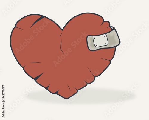 Minimalist illustration of a crumpled paper heart with a small patch. Symbol of imperfect but real love, emotional vulnerability and relationships that are not ideal but honest. Anti-glamour Valentine