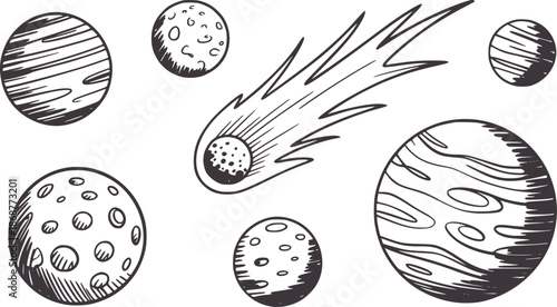 Hand drawn black and planets and comet in space handdrawn astronomy